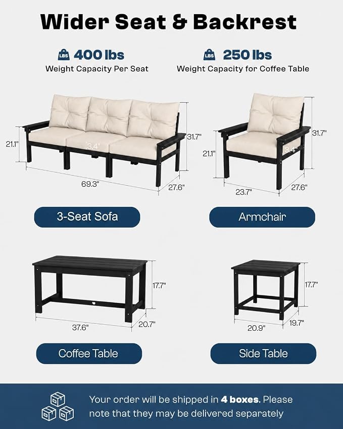 HDPE Patio Sofa Set, 4-Piece Sectional Outdoor Patio Furniture Set, All Weather Outdoor Couch Set with Coffee Table & Beige Washable Thick Cushions for Balcony, Porch(Black Frame)