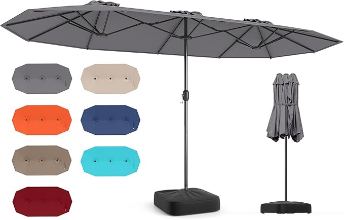 Tangkula 13FT Double-sided Patio Umbrella, Extra Large Twin Table Umbrella with Crank Handle, Umbrella Base, Safety Lock, Air Vent, Outdoor Market Umbrella for Garden Pool Backyard (Gray)