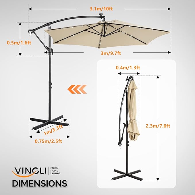 VINGLI 10 ft Cantilever Patio Umbrella, Offset Cantilever Outdoor Umbrella with Solar Lights, Easy Crank & Tilt Adjustment for Backyard, Poolside, Deck