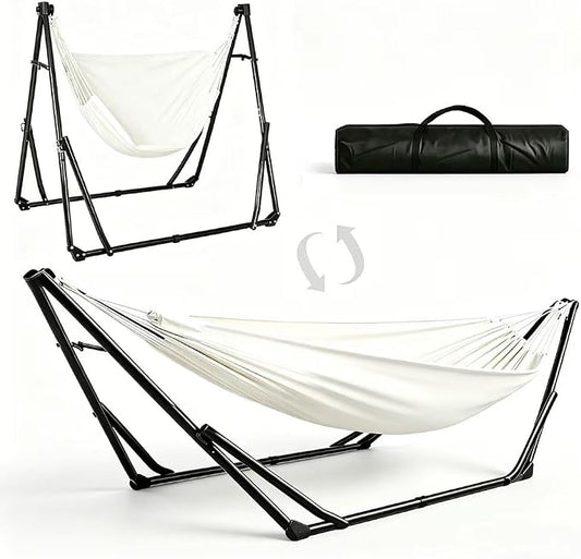 2-in-1 Kids Hammock Chair with Stand, Foldable Steel Frame Holds 220 LBS | Convertible swing hammock chair for lounging, rustproof frame, no-tool setup, carry bag for playroom yard camping indoor use