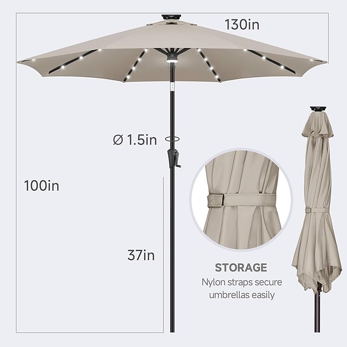 FLAME&SHADE 11 FT Solar Light Patio Umbrella, 40 LED lights outdoor umbrella with Centre Surround Light, Table Market Umbrella for Deck, Pool, Porch, Backyard, Garden, UV Protection, Taupe