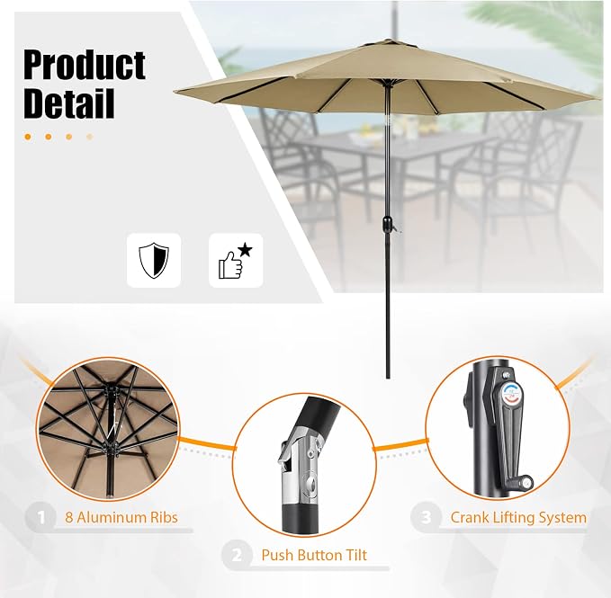 Crownland 7 PCS Furniture Patio Dining Set, 6 Stackable Metal Chairs, and Rectangular Outdoor Dining Table with Khaki 9FT Round Outdoor Umbrella (Metal Tabletop)