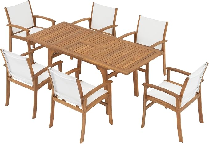 SUNSITT 7-Piece Outdoor Patio Dining Set, 55" - 71" Acacia Wood Expandable Table & 6 Breathable Textilene Mesh Chairs, All-Weather Patio Furniture w/Umbrella Hole for Backyard, Deck, Garden, White