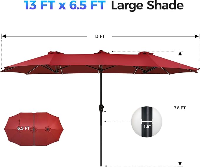 SUPERJARE 13ft Outdoor Patio Umbrella with Solar Lights, Double-sided Deck Pool Umbrella with 1.5 Inch Pole, Fade Resistant Canopy, 12 Sturdy Ribs, for Porch, Market, Backyard, Burgundy(No Base)