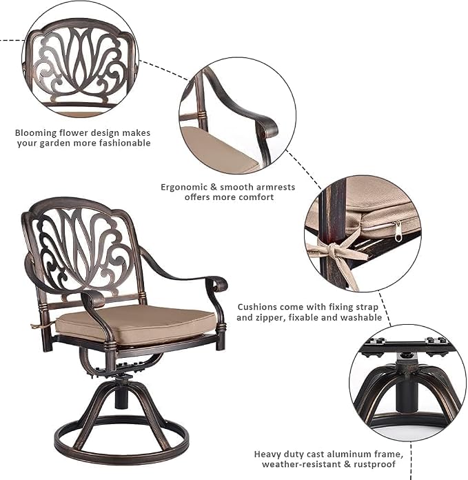 Grepatio 7 Piece Cast Aluminum Outdoor Dining Set, Patio Furniture Set with 2“ Umbrella Hole and 4 Chair & 2 Swivel Chairs with Cushions, Dining Furniture Set for Porch Poolside Garden (Khaki)