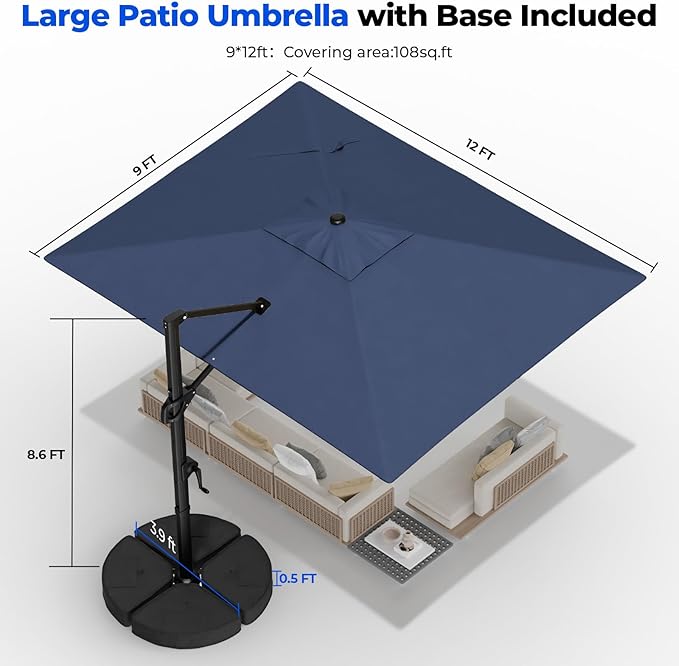 HOMSHADE 9x12FT Cantilever Patio Umbrella Outdoor with Base- Large Offset Heavy-Duty Aluminum Umbrella with 360° Rotation, 6 Tilts, Windproof, 3-Year Fade Resistance for Pool Deck, Navy Blue