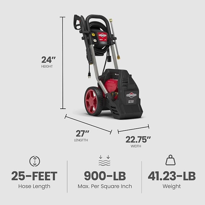 Briggs & Stratton 2200 Max PSI/1.2 Max GPM Electric Pressure Washer with 25 ft. Hose, 4 Spray Nozzles, Instant Start/Stop System and 9 Inch Wheels