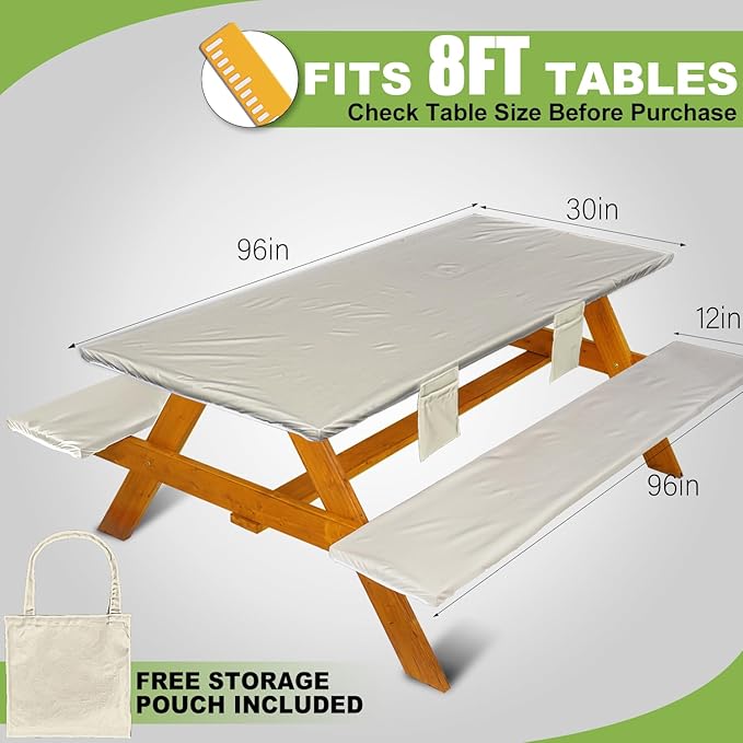 Picnic Table Cover with Bench Covers Vinyl Elastic Edges Fitted Rectangle Seat Tables Waterproof 3-Piece96X30in Set Outdoor Rectangular Folding Backing Tablecloth for Camping Over Size