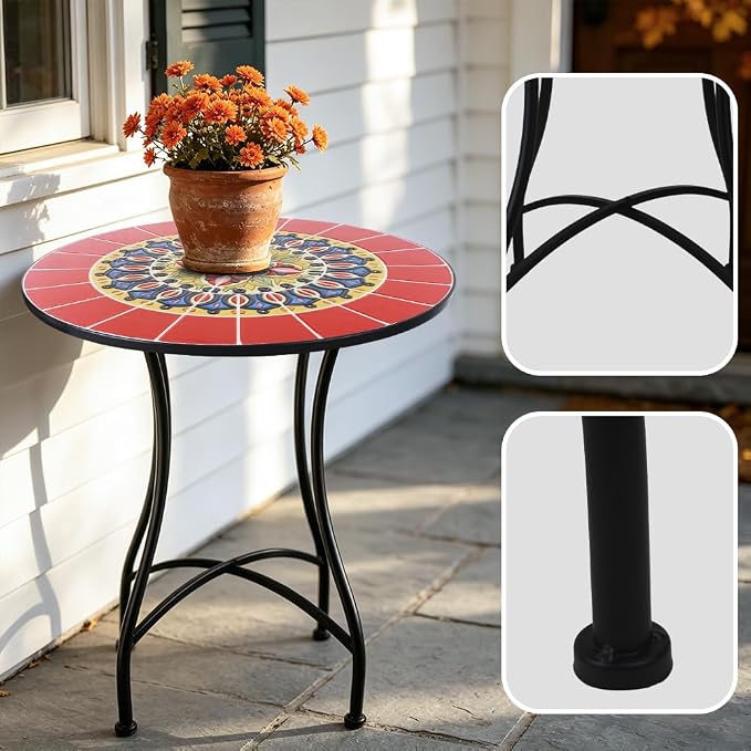 23.6" Outdoor Patio Mosaic Round Table Garden Bistro Accent Table | Ceramic Tile Waterptoof Side End Table Metal Frame Dining Table Furniture for Balcony Backyard Porch Poolside Terrace