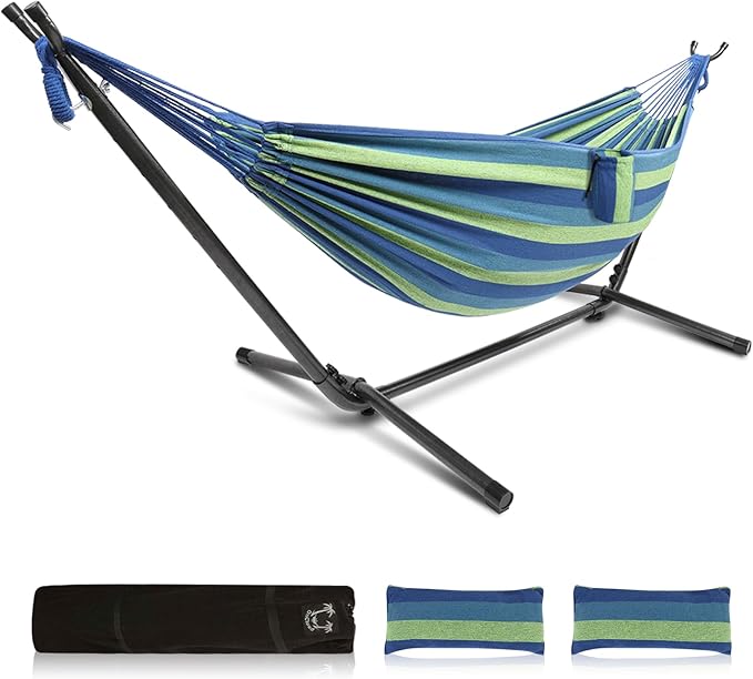 ONCLOUD 550 LB Capacity Double Hammock with Stand – Portable Bag Included (Blue Green Stripe)