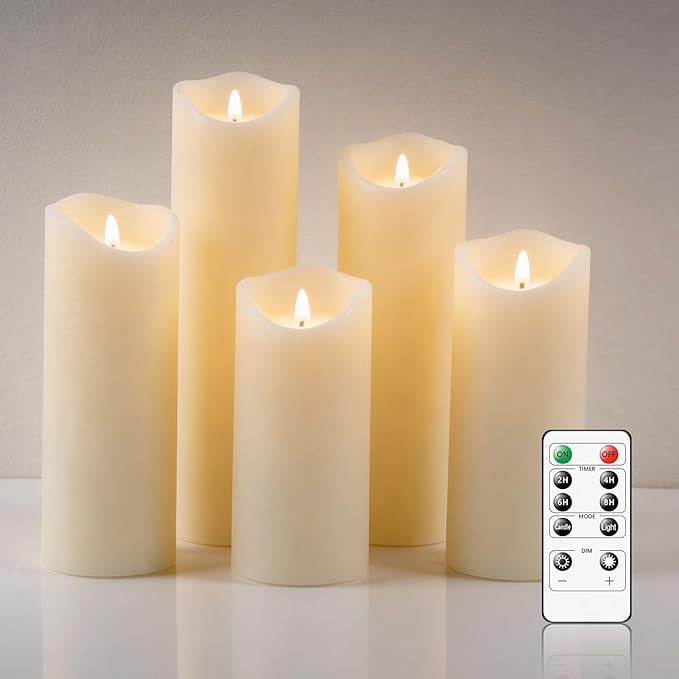 Flickering Flameless LED Candles with 5 PCS (H5 5.5" 6" 7" 8"), Fake Battery Operated Pillar Candles - 3D, Remote and Timers, Real Wax Candles for Home/Wedding/Fireplace Xmas Decor (Ivory)