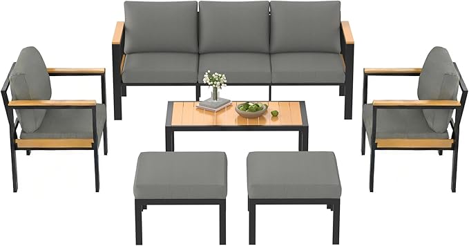HOMREST Aluminum Patio Furniture Set with Coffee Table, 7 Seat Oversized Outdoor Sectional with Washable Thick Cushions, Patio Conversation Set with Special Wide Armrest and Deep Seat, Gray