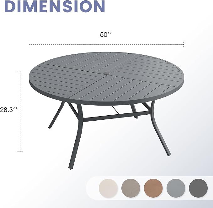 VICLLAX 50" Round Outdoor Table, Patio Dining Table for 6 with Umbrella Hole for Garden Lawn Deck Backyard, Dark Grey
