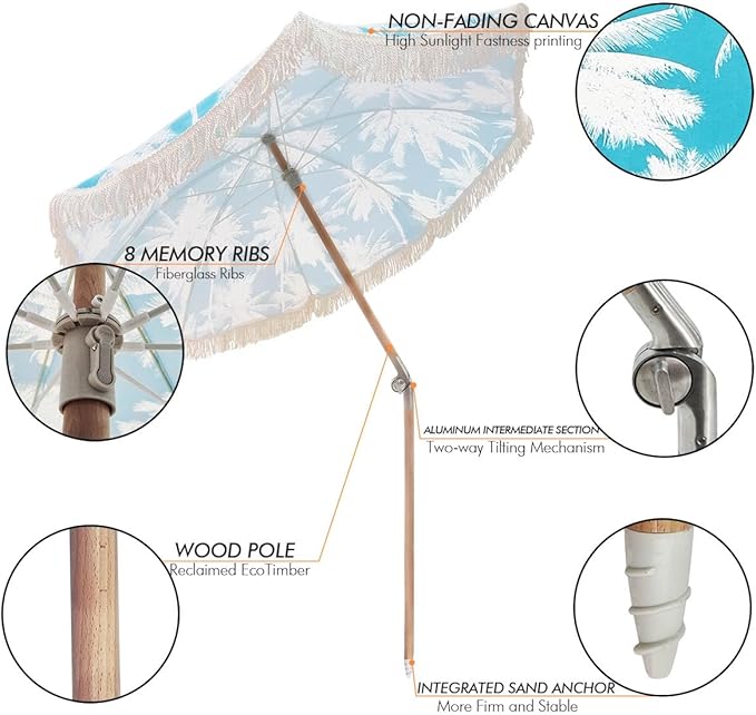 6.5Ft Boho Beach Umbrella with Fringe, Tassel Umbrellas with Tilting Wood Pole & Carrying Bag, UPF 50+ for Beach