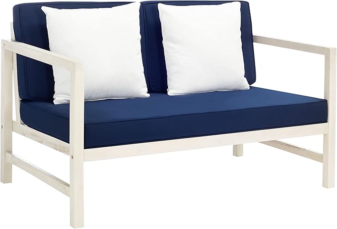 SAFAVIEH Outdoor Collection Montez White/ Navy Cushions/ White Pillows 4-Piece Conversation Patio Set
