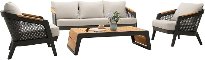 4 Pieces Patio Furniture Set Outdoor Sectional Patio Conversation Sets Aluminum Sofa Set with Teak Coffee Table & Armrests, Grey