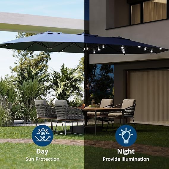 TrailBlaze 15FT Patio Umbrella With Base and Solar Lights, Outdoor Large Patio Double-Sided Market Umbrella With Crank Handle, UV Protection, for Lawn Deck Backyard Pool