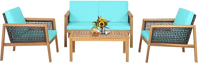 HAPPYGRILL 4 Pieces Patio Conversation Set Acacia Wood Furniture Set with Coffee Table, PE Rattan Wicker Sofa Set with Soft Cushions for Outdoor Garden Deck Poolside