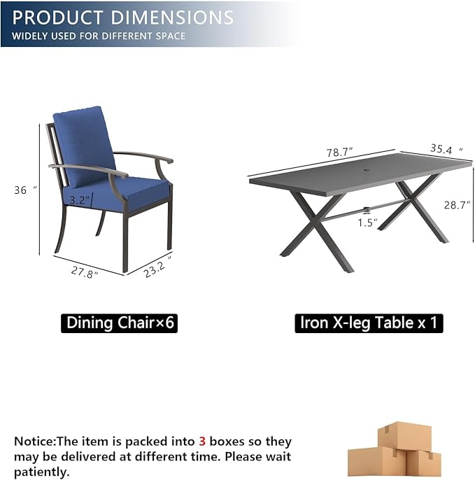 7 Piece Outdoor Dining Set for 6, Metal Patio Table and Chairs with Cushions, Patio Furniture Set with 6 Stackable Chairs, Rectangular Patio Dining Table with Umbrella Hole, Lawn Deck, Yard-Navy