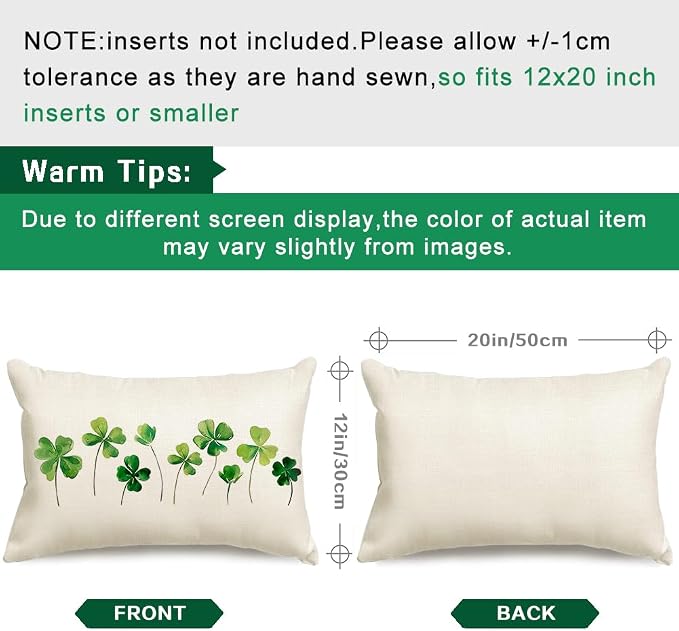 RABUSOFA St Patricks Day Clovers Pillow Covers 12x20 Inch Waterproof for Outside, Shamrock White Outdoor Farmhouse Indoor Spring Lumbar Cushion Cases Decoration for Sofa Couch (White, 12" x 20")