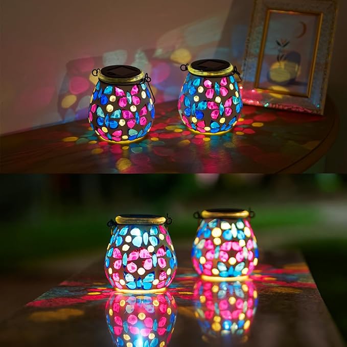 Stargarden 2 Pack Mosaic Solar Lanterns, Glass Hanging Lantern Waterproof Outdoor Hanging Solar Lights Butterfly Decorative Lantern for Garden ,Patio,Yard Decor