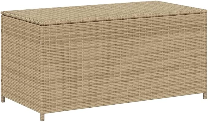 Outdoor Storage Box, Patio Rattan Deck Box, Wicker Storage Bin Deck Box, Poly Rattan Patio Storage Chest with Hinged Lid for Cushions, Pillows, 39.4"x19.7"x19.7" Mix Beige