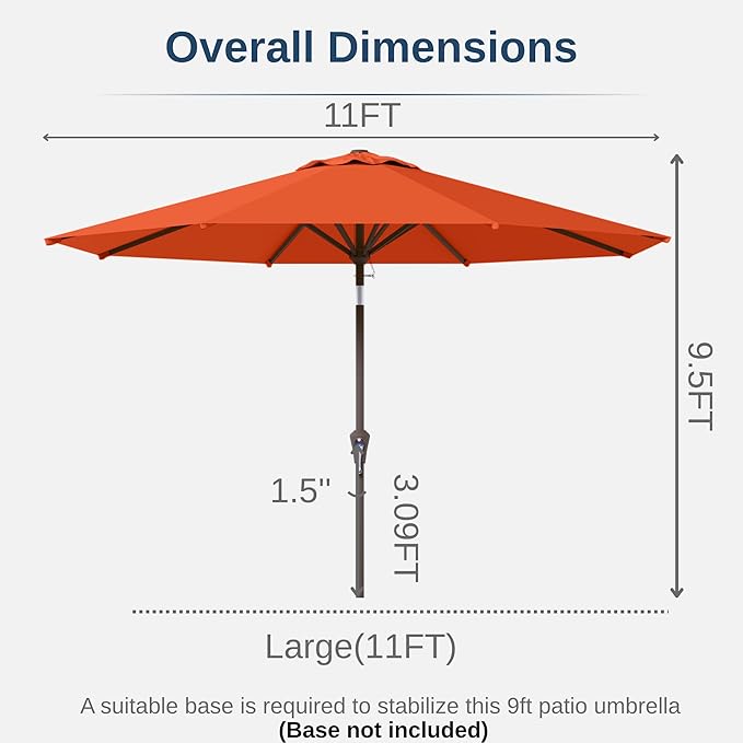 11FT Patio Umbrella, Outdoor Umbrella with with 8 Sturdy Fiberglass Ribs,Market Table Umbrella with Push Button Tilt and Crank,Suit for Backyard,Garden,Pool,Deck(Orange)