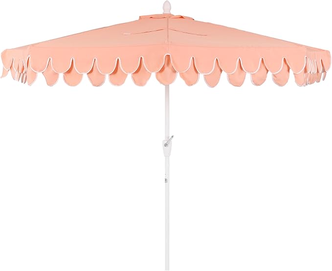 JONATHAN Y Terrace Scalloped 9 ft. Half Round Patio Umbrella with Crank Lift and Tilt, Coastal Semicircle Market Wall Umbrella for Balcony, Coral Pink/White, White Pole UMB1202H