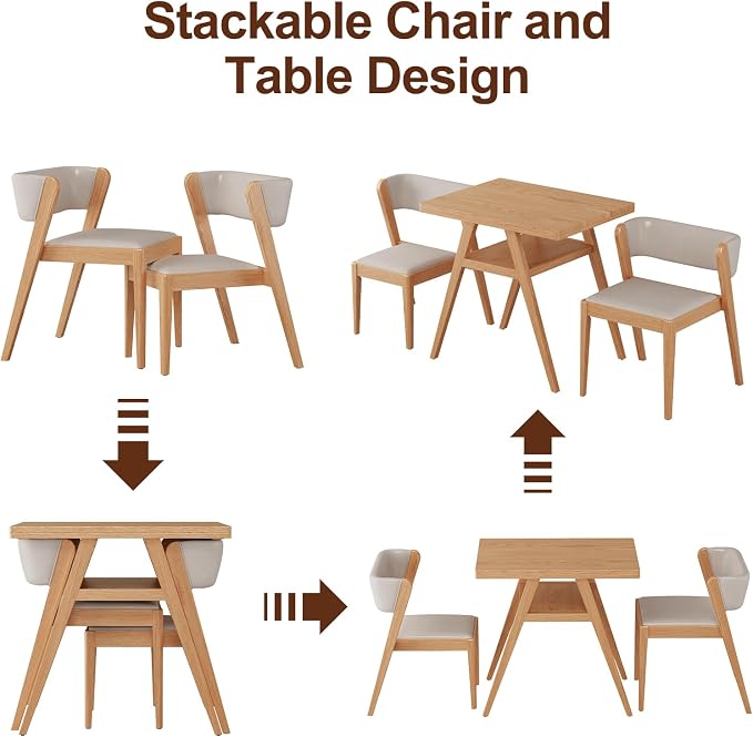 Solid wood Bistro dining table set 3 pcs Outdoor Patio Dining table Set of 2 with upholstered chairs Stackable Chair and Table Design Patio Conversation Set for Lawn,Deck,Backyard,Natural wood color