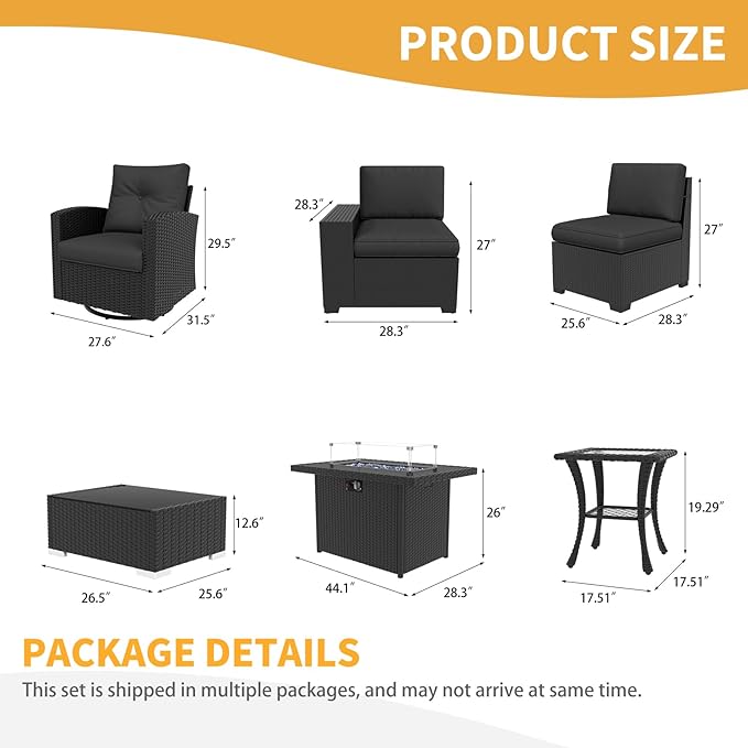 LayinSun 10 Pieces Patio Furniture Set with Fire Pit Table, Black Rattan Modular Sectional Outdoor Conversation Sofa Set, Swivel Rocking Chairs Set