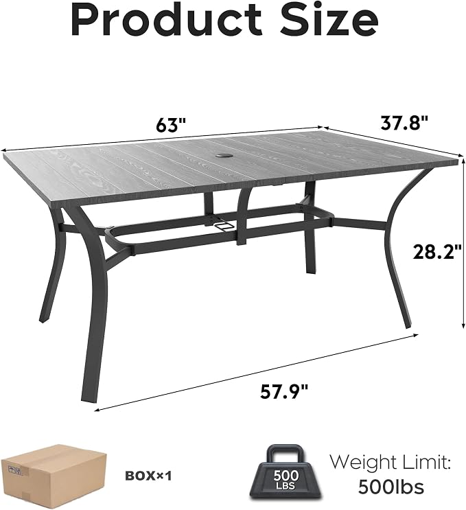 KEIKI Waterproof Patio Table and Chairs for 6, 7-Piece Outdoor Patio Dining Set, 63" x 38" Rectangular Wood-Grain Metal Table with Umbrella Hole for Lawn Garden Backyard, Black