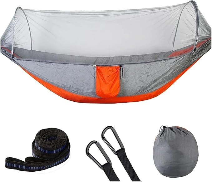Hammock Camping Hammock with Mosquito Net Pop-Up Light Portable Outdoor Parachute Hammocks Swing Sleeping Hammock Camping Stuff Quick-Opening(Orange)