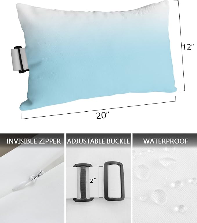 Outdoor Pillows Covers with Inserts Dreamy Blue and White Gradient Waterproof Recliner Pillow with Adjustable Strap Throw Pillows for Patio Furniture Pool Lounge Chair, 12x20 inch, 2PCS