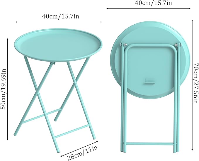 Garden 4 you Folding TV Tray Table, Metal Round Side Table, Green Dinner Table with Metal Frame, Modern Outdoor Tray Table for Living Room, Bedroom, Patio & Small Spaces, 2 Packs