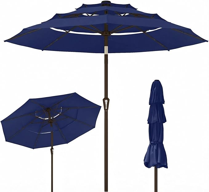 Kingdura 10ft 3-Tier Patio Umbrella, Outdoor Table Umbrella with Easy Crank & Tilt, 8 Reinforced Ribs, UV Protection for Deck, Pool, Market, Backyard (Navy blue)