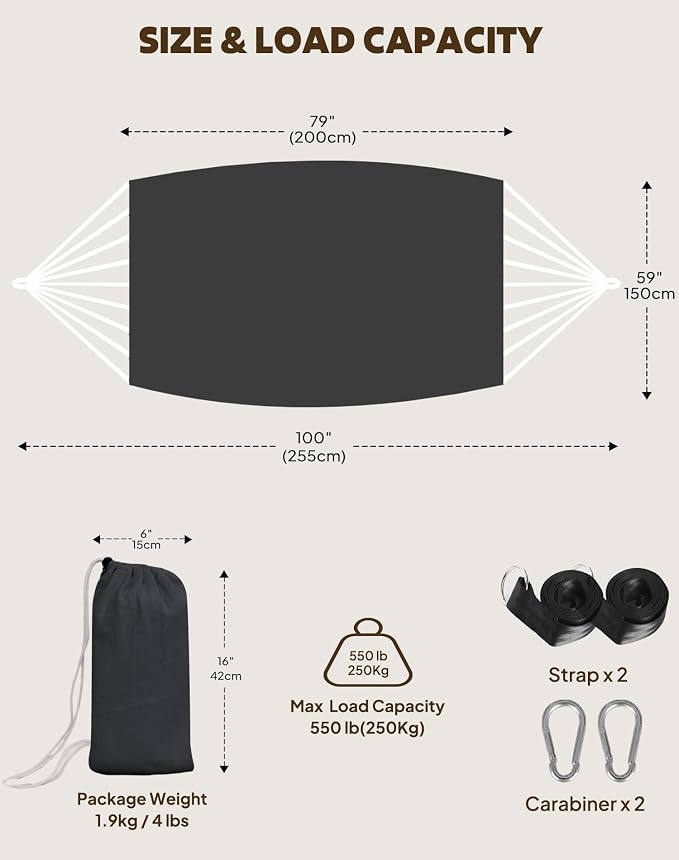 ANYOO Cotton Hammocks Heavy Duty Portable Hammock with Tree Straps Easy Setup Indoor/Outdoor Hanging Bed 550lb Capacity Perfect for Backyard Camping Travel