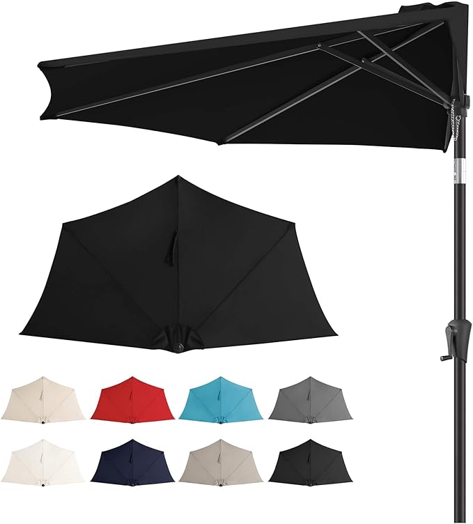9ft Half Umbrellas Outdoor - Half Patio Umbrella with Tilt, UV Protection Waterprool, Half Round Umbrella for Wall Balcony, Pool, Porch, Garden, Deck, Backyard (Black)