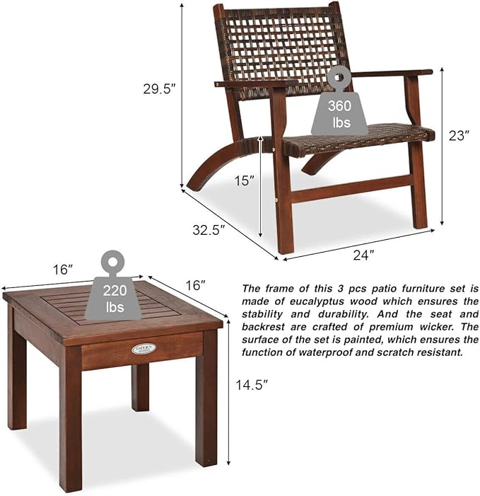 3PCS Outdoor Furniture Set Patio Conversations Set 2 Armchairs with Coffee Table Wide Armrest Tight Hand Woven Rattan Sloping Backrest Curved Chair Seat Perfect for Garden Balcony Poolside Use