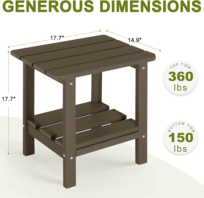 Set of 2 Adirondack Outdoor Side Table, 2-Tier Small Patio End Table, Weather Resistant HDPE Outdoor End Tables for Garden, Lawn, Pool, Beach, Porch, Deck, Backyard - Square, Dark Brown