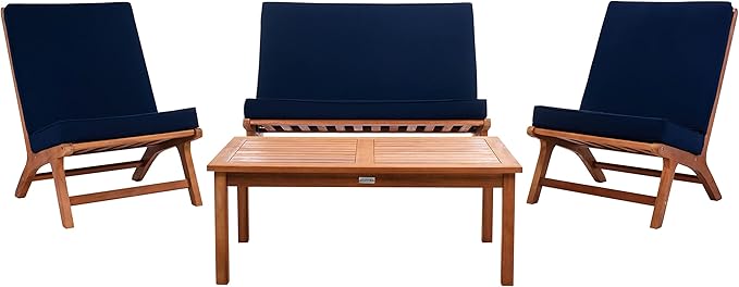 SAFAVIEH Outdoor Collection Chaston Natural Wood/Navy Cushion 4-Piece Conversation Patio Set