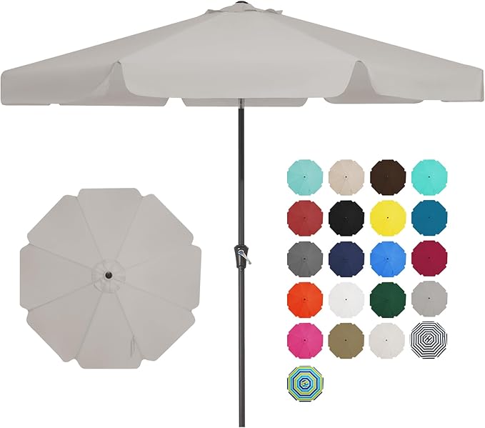 JEAREY 9 FT Patio Umbrella Outdoor, Table Umbrellas Market Umbrella w/Push Button Tilt/Crank, 8 Sturdy Ribs(Fog Gray)