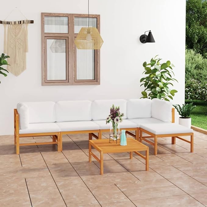 Backyard Furniture Patio Conversation Sets Outdoor Seating 6 Piece Patio Lounge Set with Cream Cushions Solid Teak Wood Suitable for Swimming Pool, Courtyard, Garden