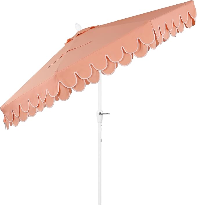 JONATHAN Y Tracy 9 ft. Outdoor Patio Umbrella with Scalloped Edge, Coastal Market Table Umbrella with Crank Lift and Tilt, 8 Sturdy Ribs UV Resistant for Pool, Coral Pink, White Pole UMB1002H