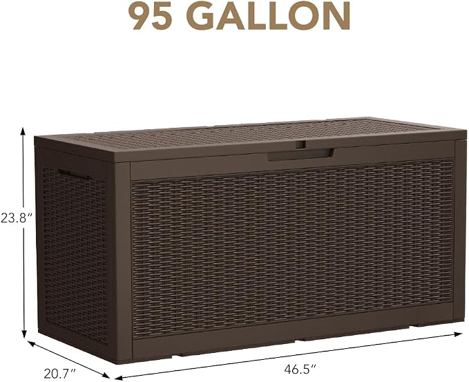 Devoko 95 Gallon Deck Box Large Resin Outdoor Storage Box, Waterproof and UV Resistant Lockable for Outdoor and Patio, Large Storage Cabinet for Patio Furniture, Garden Tools and Pool Supplies, Brown