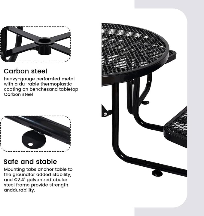 46" Round Commercial Picnic Table for 4-8 Person, Heavy Duty Metal Outdoor Picnic Table with Umbrella Hole for Coffee Shop, School, Hospital, Easy to Install, Black