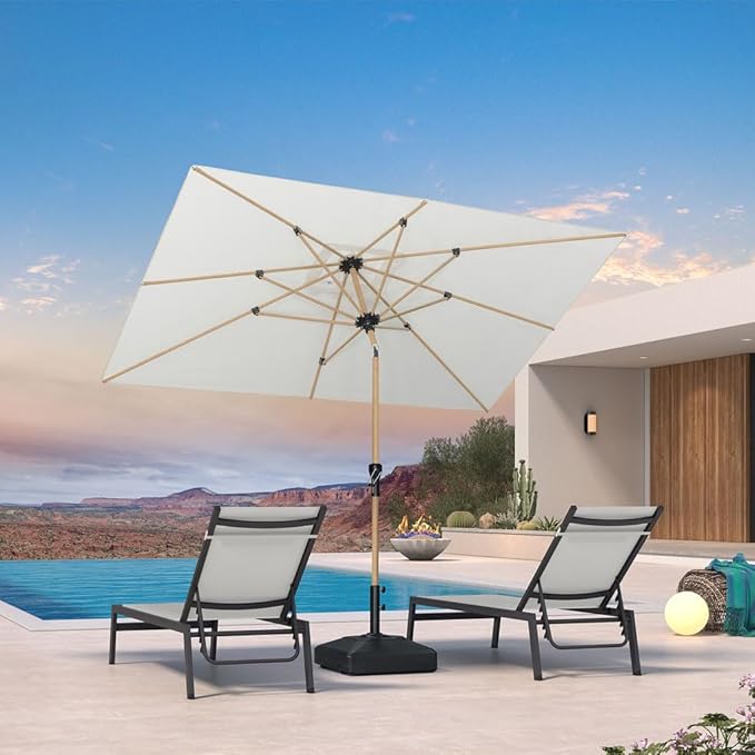 PURPLE LEAF 6' x 9' Patio Umbrella with Base Market Umbrella Rectangular Outdoor Umbrella with Push Button Tilt & Crank and 8 Ribs Aluminum Table Umbrella for Pool Backyard Beach, Cream