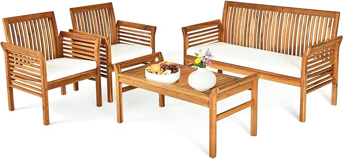 4 Piece Outdoor Acacia Wood Sofa Set w/Removable & Washable Cushions, Slatted Design, Patio Conversation Table Chair Set for Deck, Porch, Lawn, Poolside, Backyard (1)