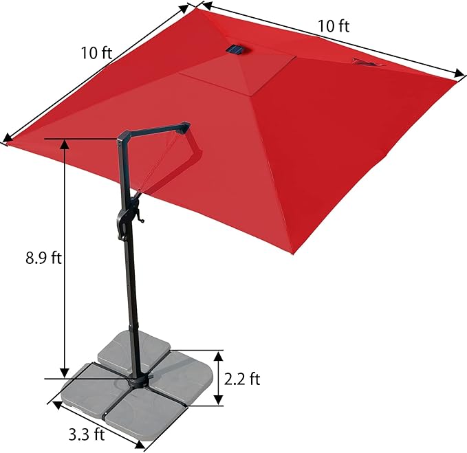 Sunnyglade 10x10ft Solar Powered LED Cantilever Patio Umbrella Square Deluxe Offset Umbrella 360°Rotation & Integrated Tilting System & LED lights for Market Garden Deck Pool Backyard Patio