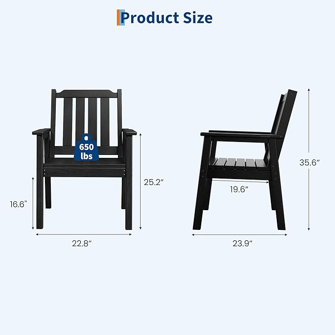 GAOMON Outdoor Patio Dining Chairs Set of 2, All-Weather HDPE Garden Dining Chairs with Armrests, Wide Seat and Sturdy Frame,Waterproof Design, for Garden, Backyard, Deck, Black