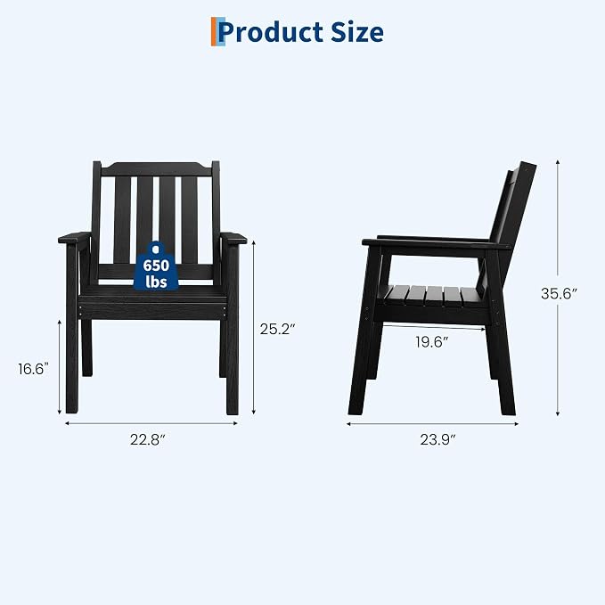 Garvee Outdoor Patio Dining Chairs Set of 2, Outdoor HDPE Garden Dining Chairs, Sturdy Frame, Waterproof, All-Weather for Backyard, Poolside, Porch, Deck, Black
